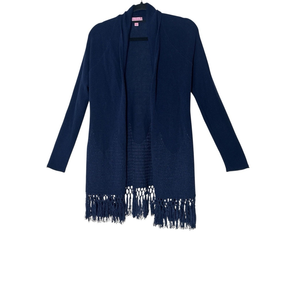 Lilly Pulitzer Tatum Navy Cardigan Sweater Fringe Bottom Size M Womens